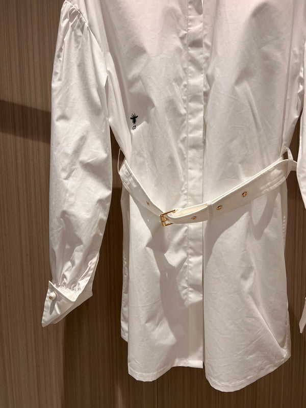 CD Stand-up Collar Long-sleeved Shirt Dress White Cotton