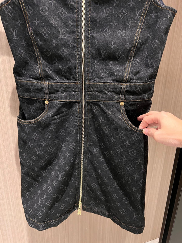 LV Denim Fabric Double Head Zipper Dress Black Blue Cotton