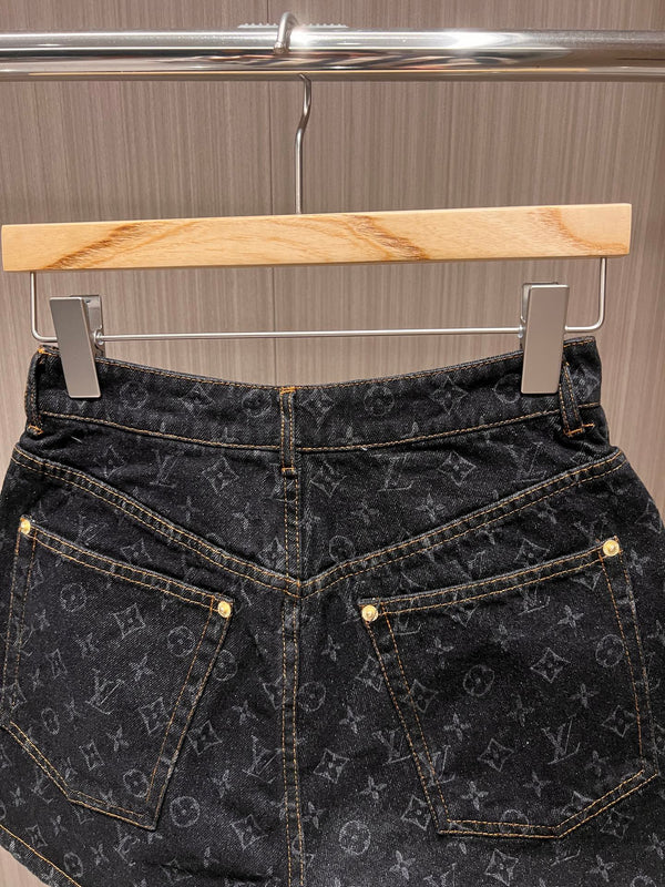 LV Flower Jacquard Denim Shorts Black Blue Cotton