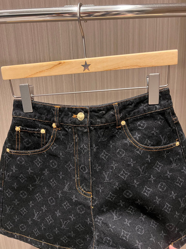 LV Flower Jacquard Denim Shorts Black Blue Cotton