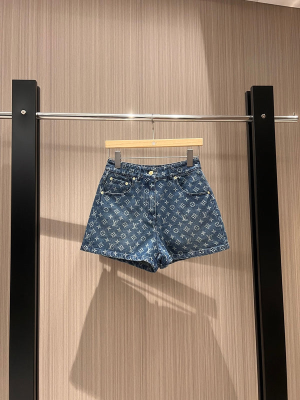 LV Flower Jacquard Denim Shorts Black Blue Cotton