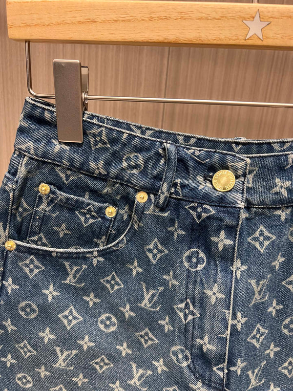 LV Flower Jacquard Denim Shorts Black Blue Cotton