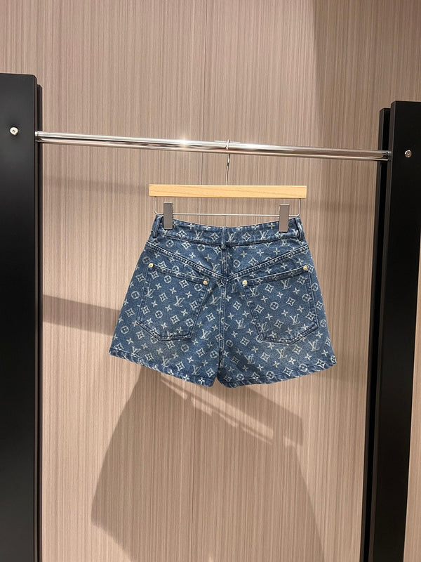LV Flower Jacquard Denim Shorts Black Blue Cotton