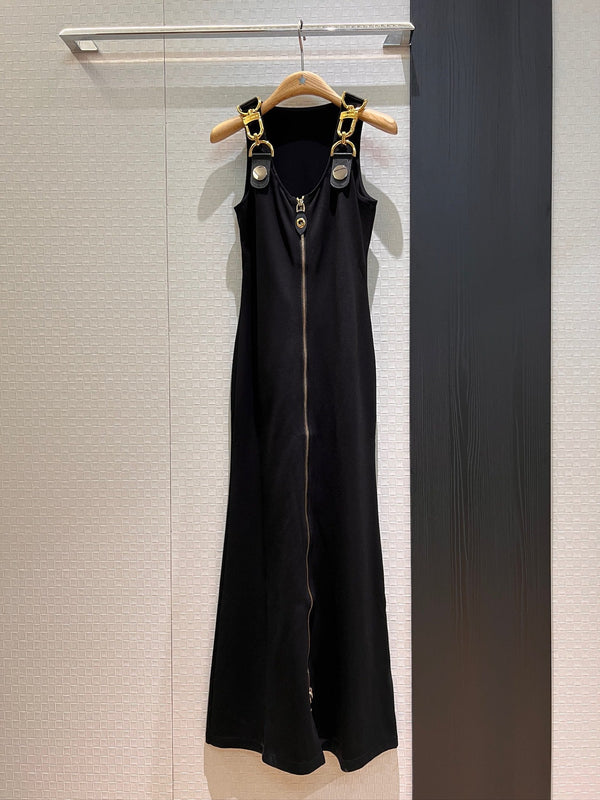 LV Double-Head Zipper Design Slits Dress Black Cotton