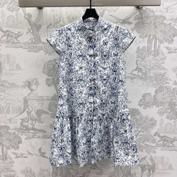 CD Short Dress White Cotton Muslin with Blue Butterfly Motif