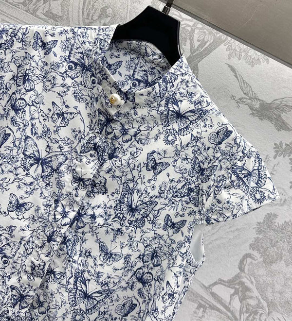 CD Short Dress White Cotton Muslin with Blue Butterfly Motif