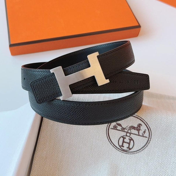 MINI H BELT BUCKLE & REVERSIBLE BLACK LEATHER STRAP 24 MM SILVER HARDWARE