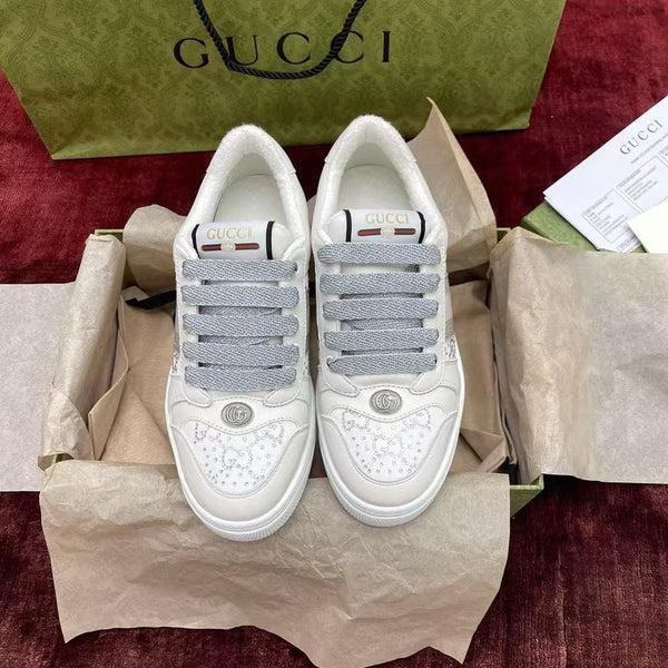 GG Screener Trainer Sneakers White Light Grey Cowhide Frabic 502168