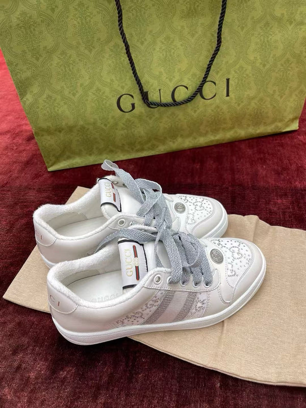 GG Screener Trainer Sneakers White Light Grey Cowhide Frabic 502168