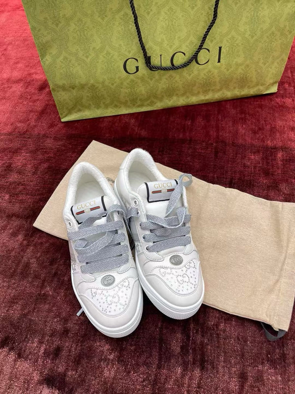 GG Screener Trainer Sneakers White Light Grey Cowhide Frabic 502168