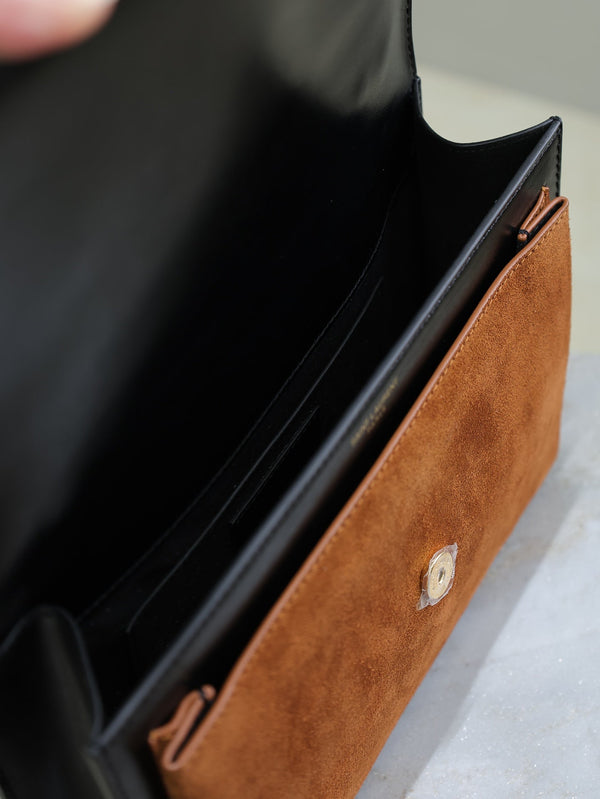 YSL Sunset Handbags 25cm Black Brown Cowhide Suede