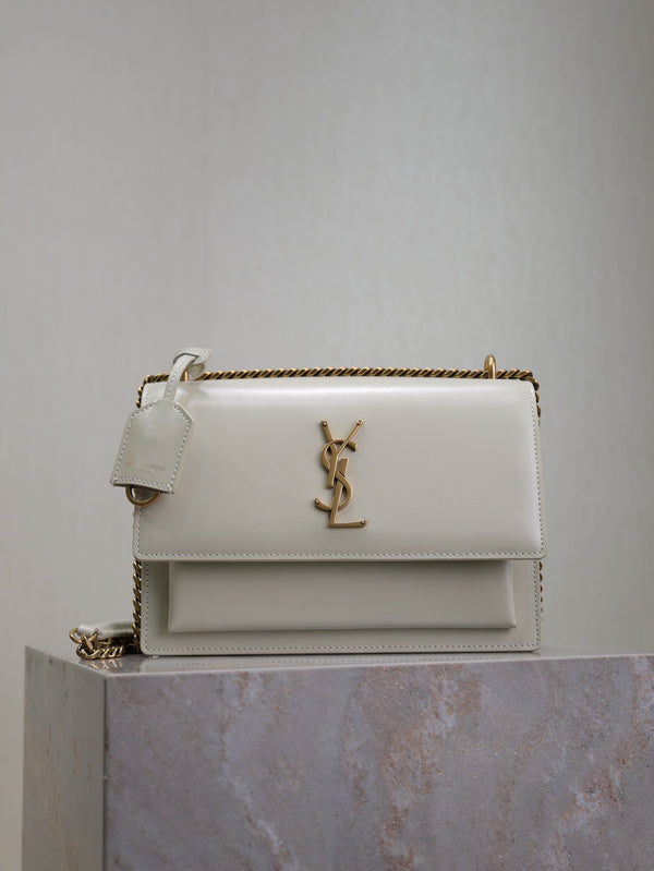 YSL Medium Sunset Shoulder Bag 22cm White Cowhide