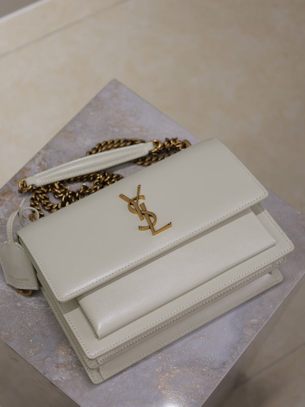 YSL Medium Sunset Shoulder Bag 22cm White Cowhide