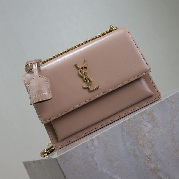 YSL Medium Sunset Shoulder Bag 22cm Beige-Brown Cowhide GHW