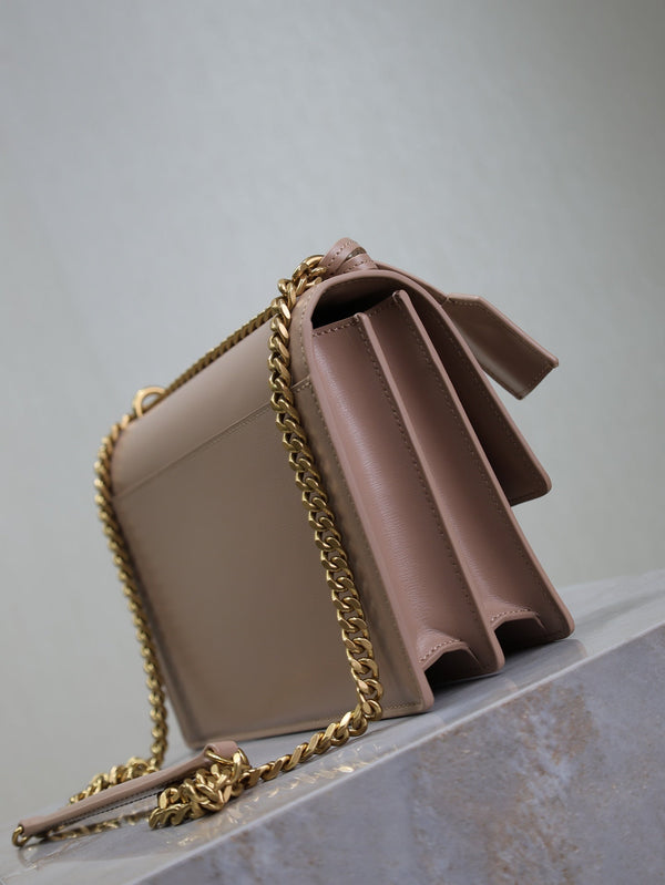 Borsa a tracolla YSL Sunset media 22 cm in pelle di vacchetta beige-marrone GHW