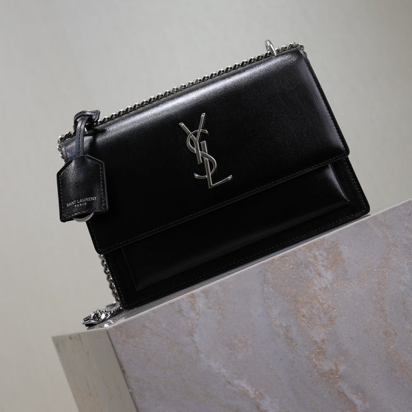 YSL Medium Sunset Shoulder Bag 22cm Black Cowhide Sliver HW