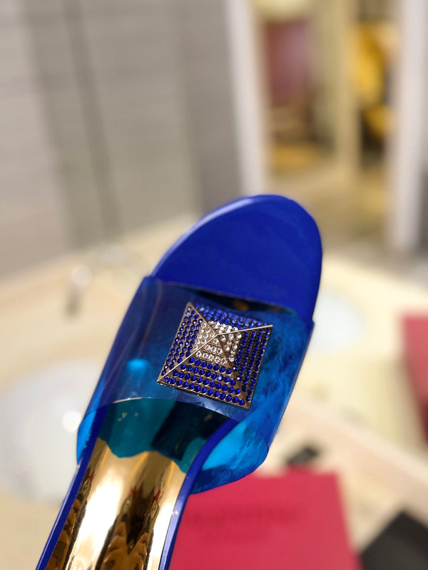 MULE ALTO 60MM IN PELLE DI MONTONE BLU COBALTO E PVC TRASPARENTE