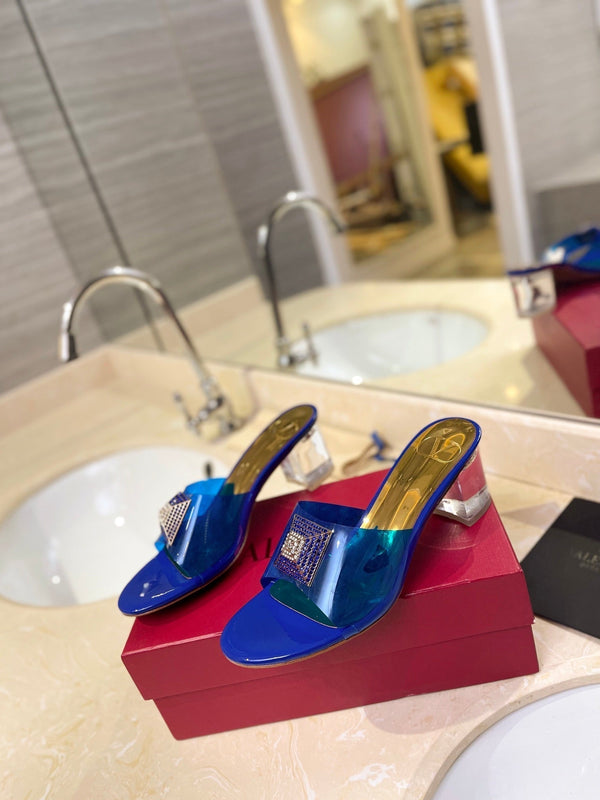 MULE ALTO 60MM IN PELLE DI MONTONE BLU COBALTO E PVC TRASPARENTE