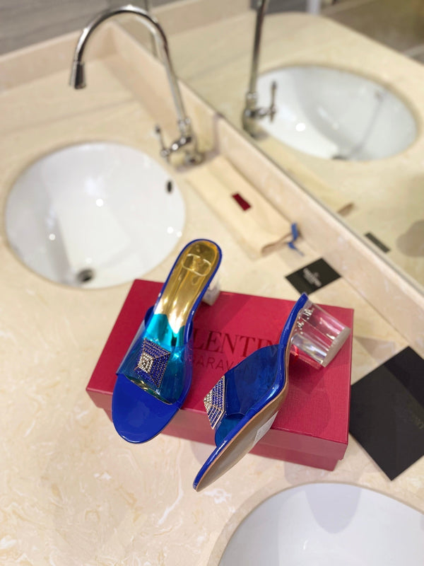 MULE ALTO 60MM IN PELLE DI MONTONE BLU COBALTO E PVC TRASPARENTE