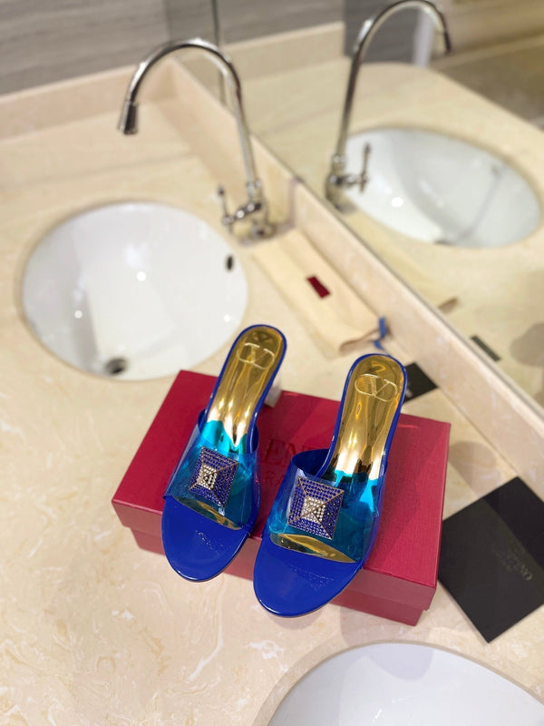 MULE ALTO 60MM IN PELLE DI MONTONE BLU COBALTO E PVC TRASPARENTE