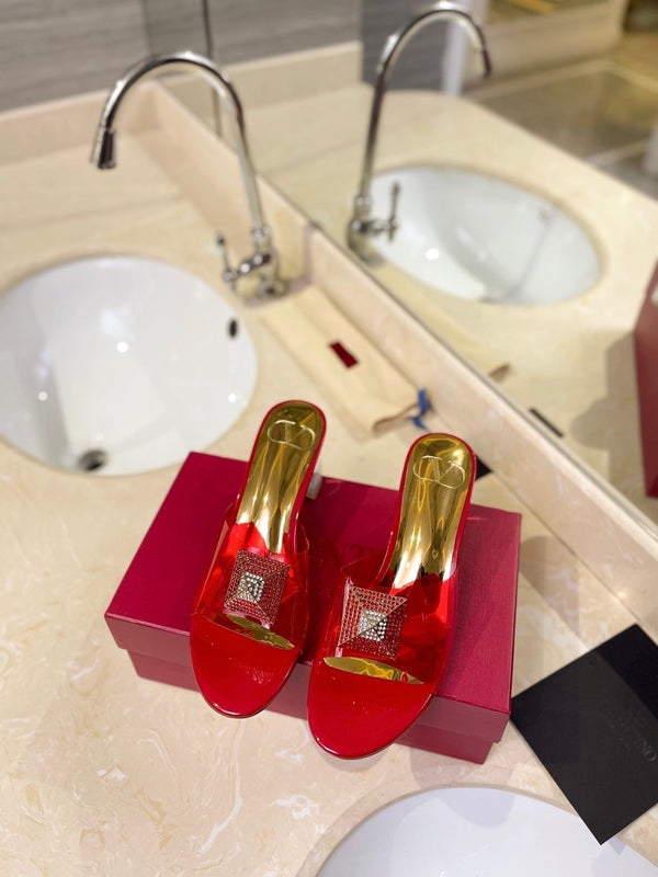 MULE ALTO 60MM IN PELLE DI MONTONE ROSSO CILIEGIA E PVC TRASPARENTE