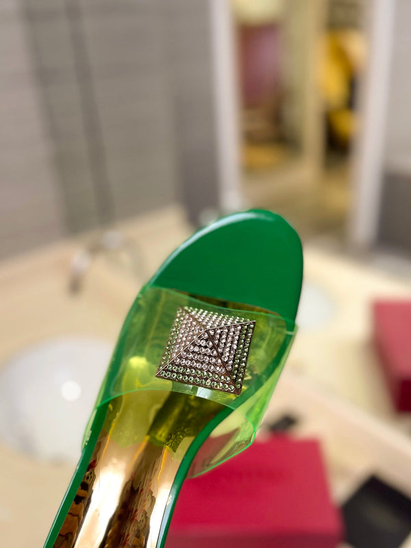 MULE ALTO 60MM IN PELLE DI MONTONE VERDE TRIFOGLIO E PVC TRASPARENTE