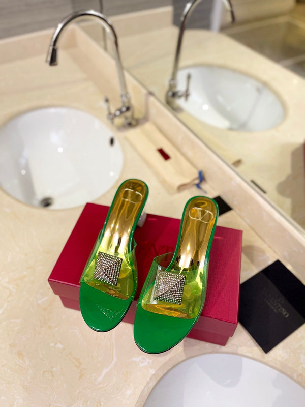 MULE ALTO 60MM IN PELLE DI MONTONE VERDE TRIFOGLIO E PVC TRASPARENTE