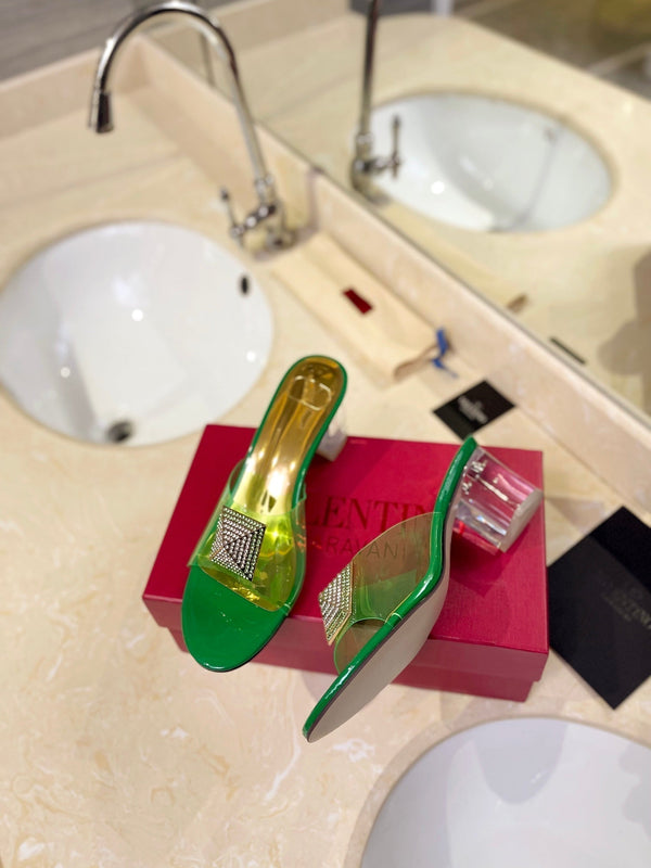 MULE ALTO 60MM IN PELLE DI MONTONE VERDE TRIFOGLIO E PVC TRASPARENTE