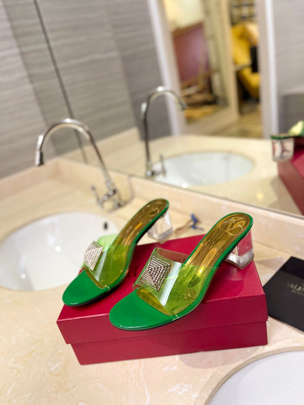 MULE ALTO 60MM IN PELLE DI MONTONE VERDE TRIFOGLIO E PVC TRASPARENTE