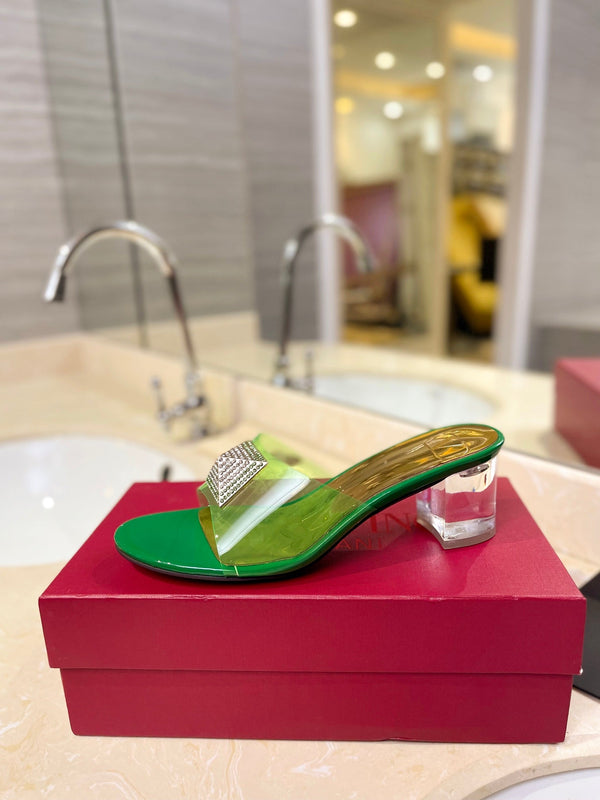 MULE ALTO 60MM IN PELLE DI MONTONE VERDE TRIFOGLIO E PVC TRASPARENTE