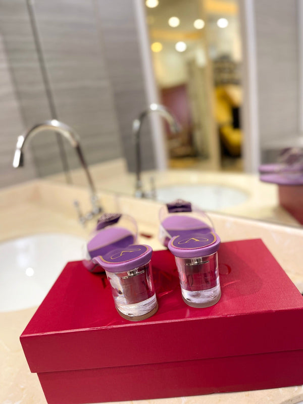 MULE ALTO 60MM IN PELLE DI MONTONE VIOLA MALVA E PVC TRASPARENTE