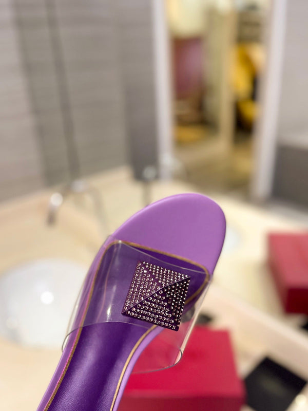 MULE ALTO 60MM IN PELLE DI MONTONE VIOLA MALVA E PVC TRASPARENTE