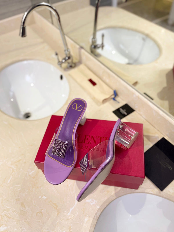 MULE ALTO 60MM IN PELLE DI MONTONE VIOLA MALVA E PVC TRASPARENTE