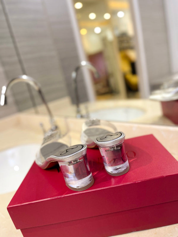 MULE ALTO 60MM IN PELLE DI MONTONE ARGENTO E PVC TRASPARENTE