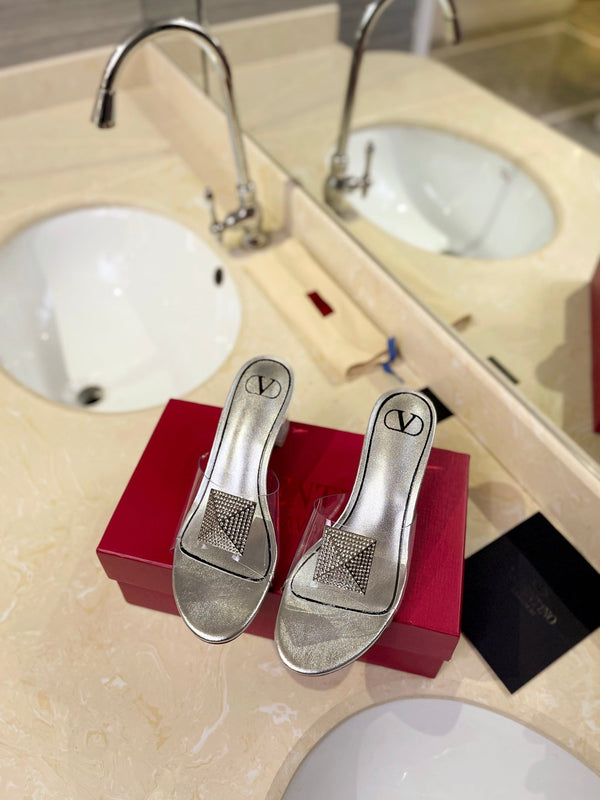 MULE ALTO 60MM IN PELLE DI MONTONE ARGENTO E PVC TRASPARENTE