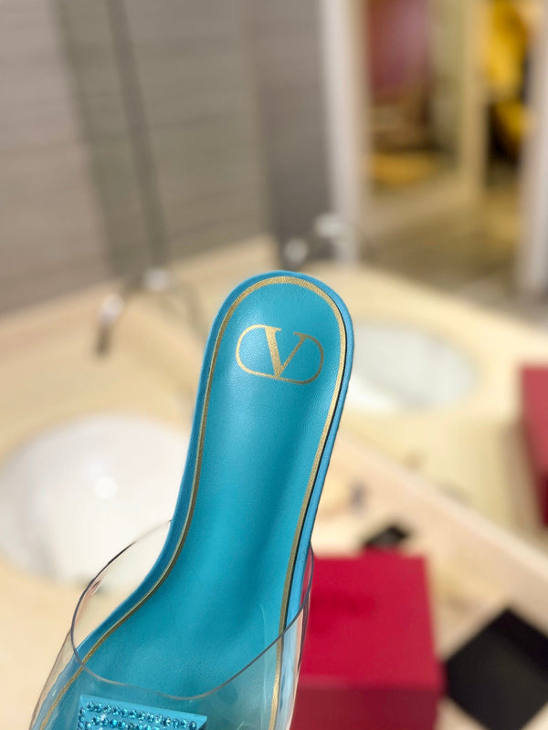 MULE ALTO 60MM IN PELLE DI MONTONE BLU ACQUA E PVC TRASPARENTE