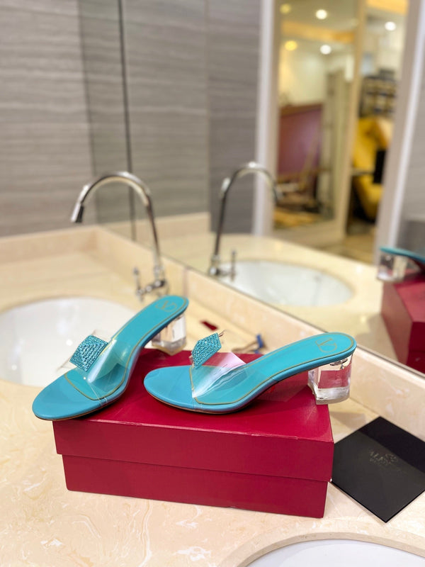 MULE ALTO 60MM IN PELLE DI MONTONE BLU ACQUA E PVC TRASPARENTE