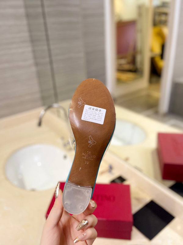 MULE ALTO 60MM IN PELLE DI MONTONE BLU ACQUA E PVC TRASPARENTE