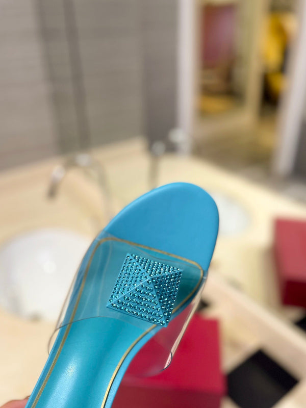 MULE ALTO 60MM IN PELLE DI MONTONE BLU ACQUA E PVC TRASPARENTE