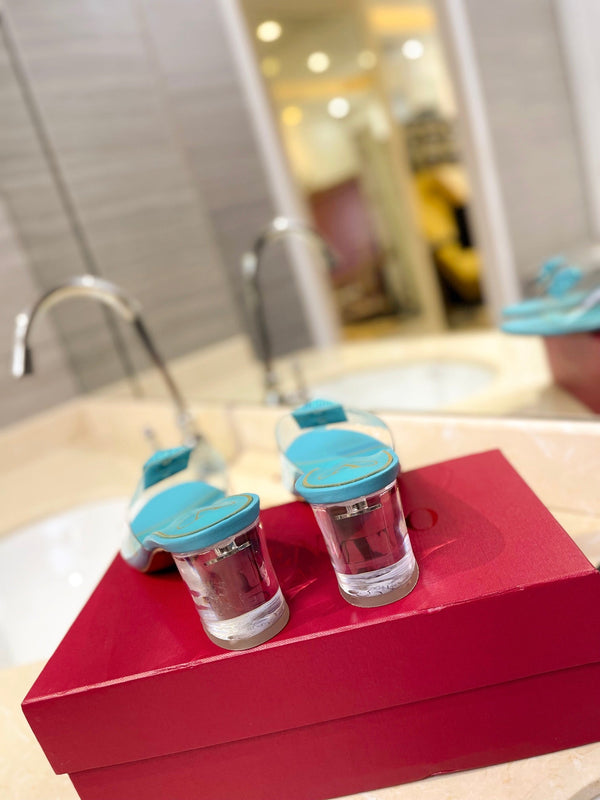 MULE ALTO 60MM IN PELLE DI MONTONE BLU ACQUA E PVC TRASPARENTE