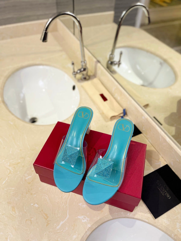 MULE ALTO 60MM IN PELLE DI MONTONE BLU ACQUA E PVC TRASPARENTE