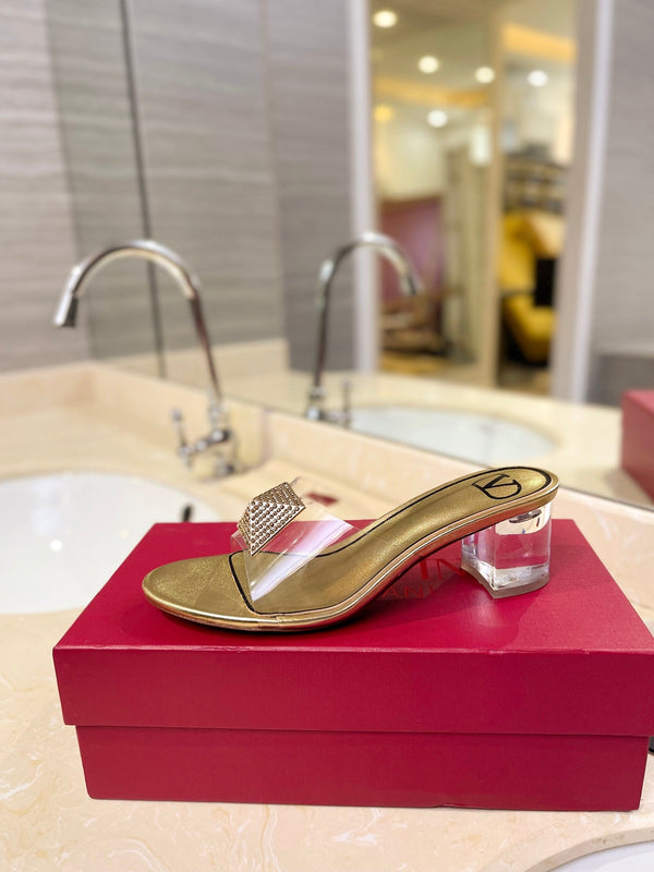 MULE ALTO 60MM IN PELLE DI MONTONE ORO E PVC TRASPARENTE