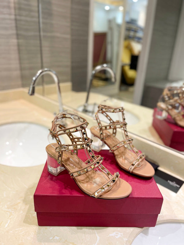 SANDALO ROCKSTUD CON CINTURINO IN VITELLO MARRONE CAMMELLO 60 MM