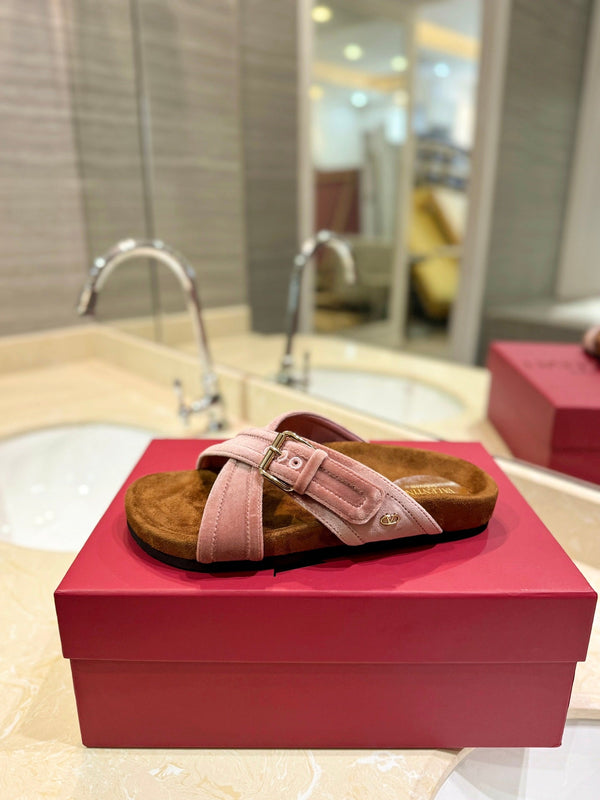 FUSSFRIEND CREPE PINK SILK VELVET SLIDE SANDALS