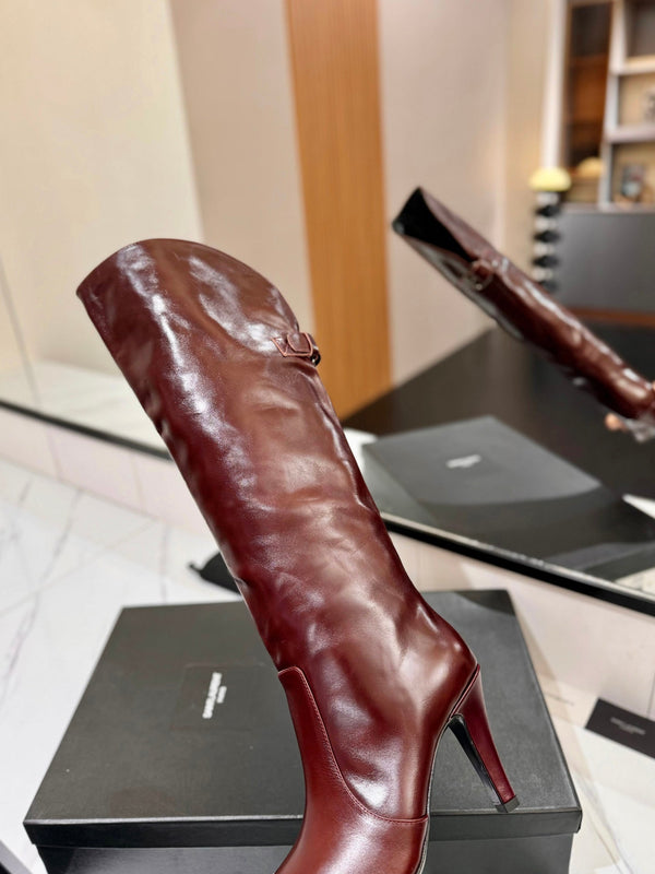 CLASSIC HIGH KNEE BOOTS IN BURGUNDY RED CALFSKIN