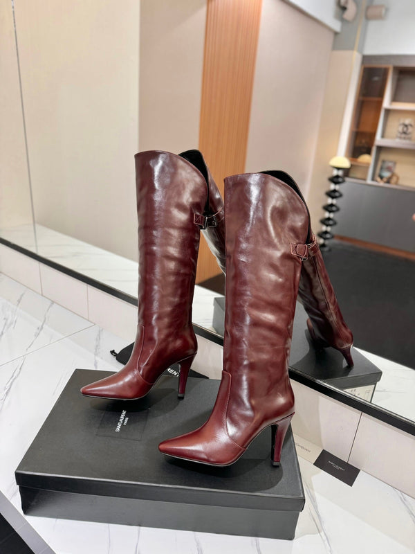 CLASSIC HIGH KNEE BOOTS IN BURGUNDY RED CALFSKIN