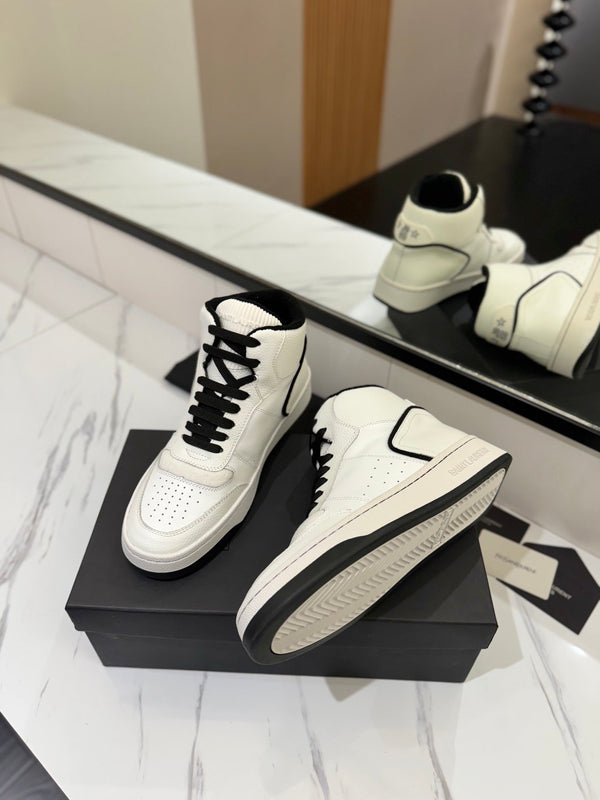 MID-TOP SNEAKERS IN WHITE AND BLACK TRIM PERFORATED LAMBSKIN