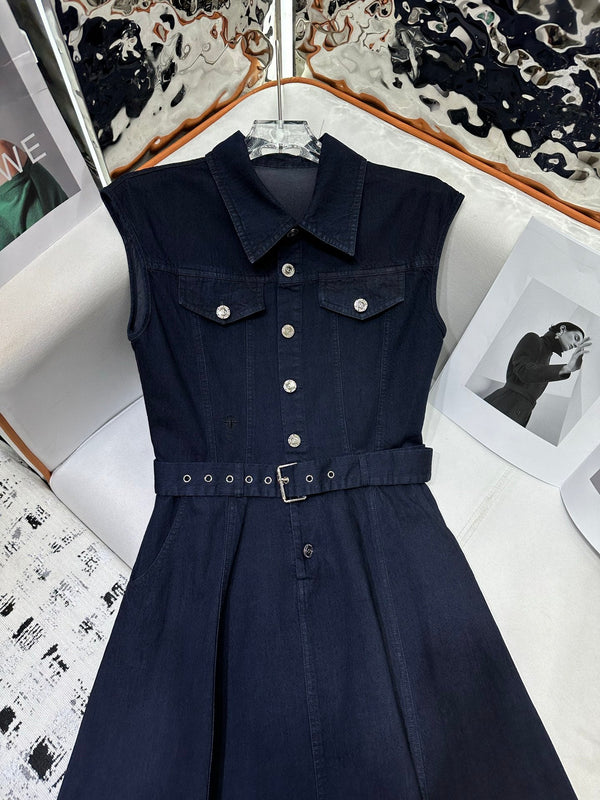 CD 25 Denim Sleeveless Dress Navy Blue and Blue Cotton