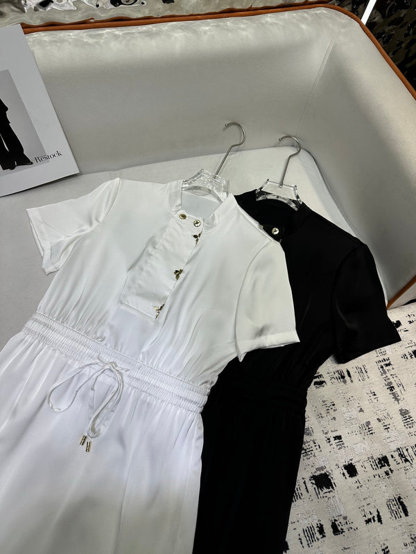 LV 25 Metal Petal Decoration Round Neck Dress Black White Polyester Acetate