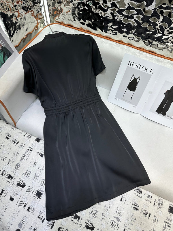 LV 25 Metal Petal Decoration Round Neck Dress Black White Polyester Acetate